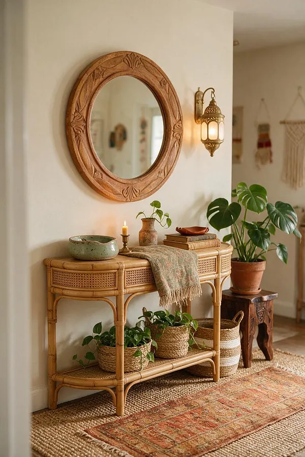 A bohemian-style entry vignette features a carved round wooden mirror above a woven rattan console table, styled with pottery, books, a candle, and trailing plants. A brass lantern wall sconce, terracotta planter, woven baskets, and a muted patterned rug complete the warm earthy scene.