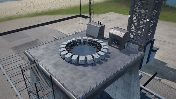 3D rendered model of a launch pad tower with a circular segmented structure on the platform.