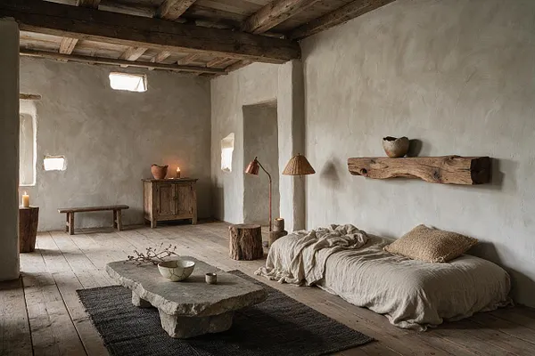 A minimalist studio apartment with plaster walls, exposed wooden ceiling beams, and wide worn floorboards. The space includes a low linen daybed, a rough stone coffee table on a dark rug, a simple wooden bench, candles, and organic wood and clay decor, creating a calm Wabi-Sabi atmosphere.