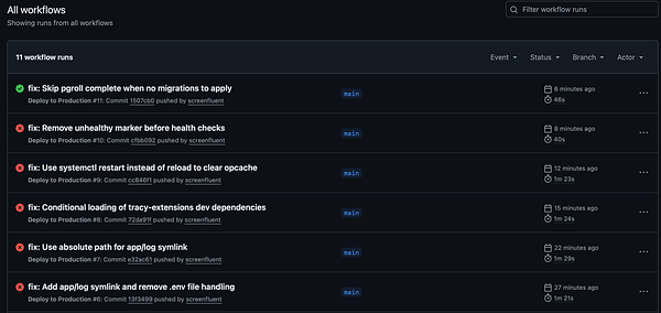 The image displays a list of workflow runs from a deployment interface, showing various tasks and their statuses.