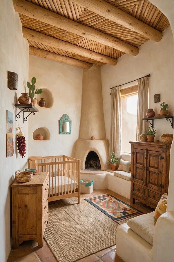 A Southwestern-style nursery with plaster walls, exposed wood ceiling beams, and a curved adobe fireplace. The room includes a natural wood crib, rustic storage cabinets, woven rugs, clay pottery, cactus decor, and a softly lit window with linen curtains.