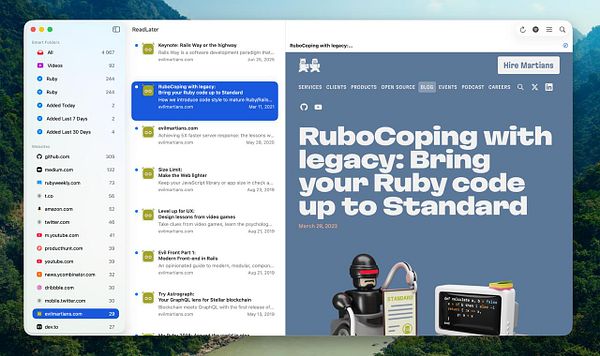 Screenshot of a mobile app interface showing a 'Read Later' page with a list of saved articles and a bottom navigation bar.