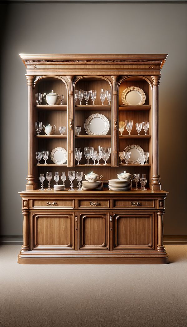 A wooden hutch in a dining room, filled with fine china and glassware, with additional storage below.