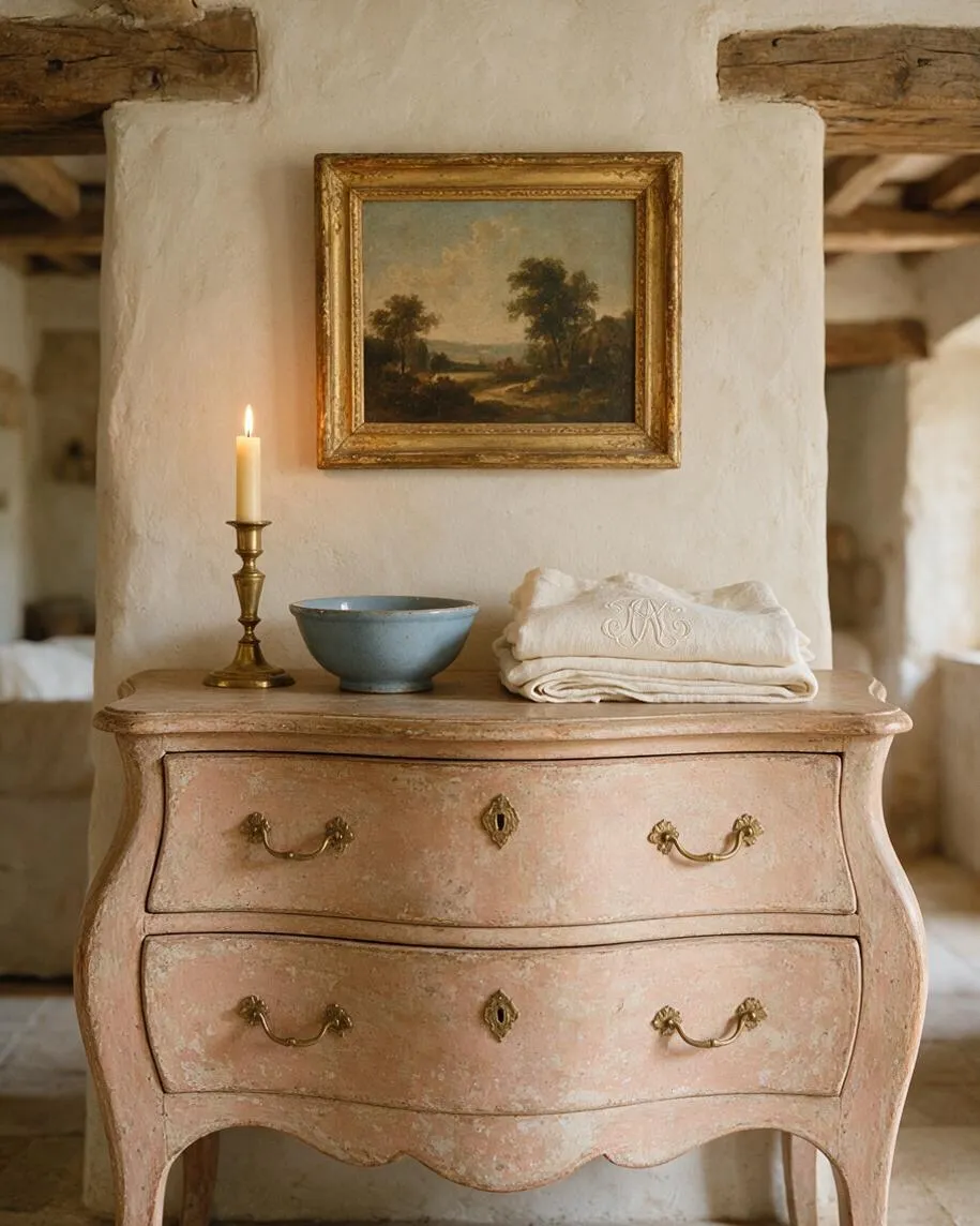 A French Country-style room vignette featuring a curved, distressed pink commode with brass hardware against a plaster wall. Above it hangs a small gold-framed landscape painting, and the tabletop is styled with a brass candlestick, a blue ceramic bowl, and folded cream linens.