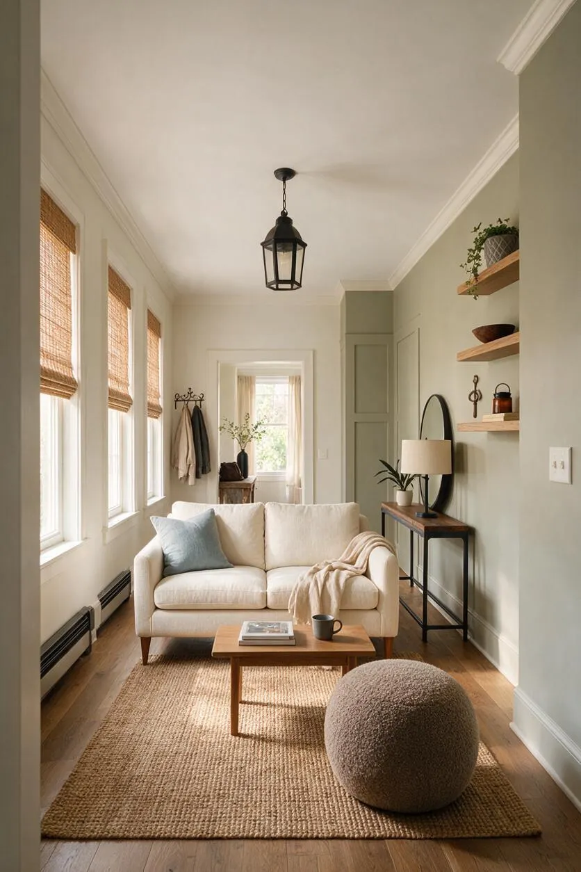 A narrow transitional sunroom with tall windows dressed in woven bamboo shades, a cream sofa, and a natural jute rug. The room includes a wood coffee table, a textured round ottoman, wall shelves with decor, and warm wood floors under a black hanging lantern light.