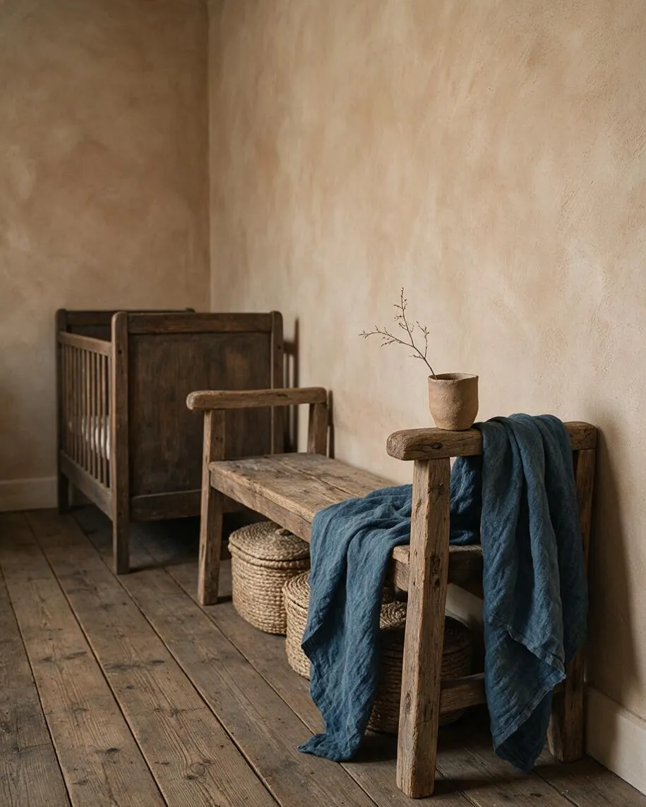 A serene nursery with a weathered wooden crib, a rustic bench, woven baskets, and a small vase with a bare branch. The room features plaster walls, wide plank wood flooring, and a draped blue linen textile for a soft, earthy wabi-sabi look.