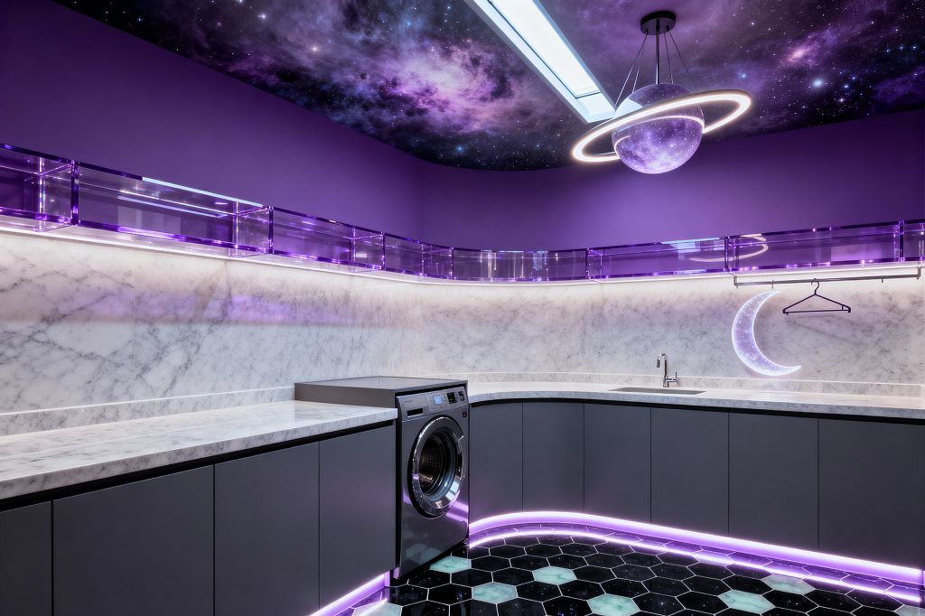 Futuristic laundry room with a galaxy-printed ceiling and a ringed planet pendant light. Curved white marble counters and backsplash run along matte gray base cabinets, with translucent purple acrylic uppers above. Purple and white LED strips highlight the backsplash and toe kicks. The floor features black hex tiles with mint insets. A stainless front-loading washer sits beside an integrated sink, and a glowing crescent light hangs on the wall.