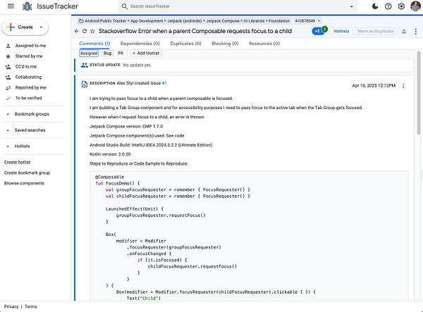 The image displays a detailed issue report regarding a StackOverflow error in Jetpack Compose.