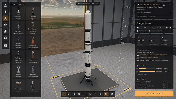 User interface of a rocket building game showing a detailed rocket model on a launch pad inside a vehicle assembly building with engine selection and mission statistics panels.