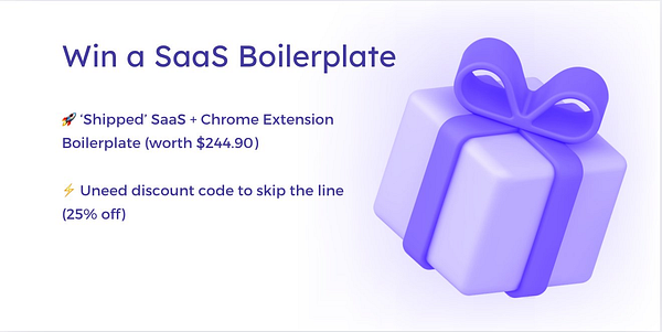 A promotional graphic for a giveaway featuring a gift box and details about winning a SaaS boilerplate.