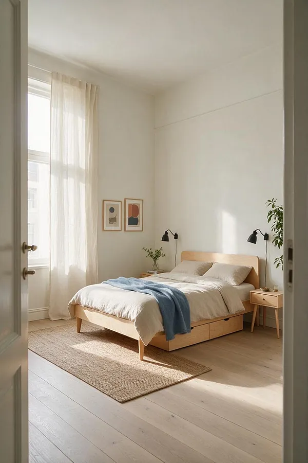 A bright Scandinavian master bedroom with a light wood bed, white bedding, and a soft blue throw centered against a plain white wall. Sheer curtains filter sunlight from a tall window, while simple black wall lamps, small framed art, a woven rug, and pale wood floors create a calm, minimalist atmosphere.
