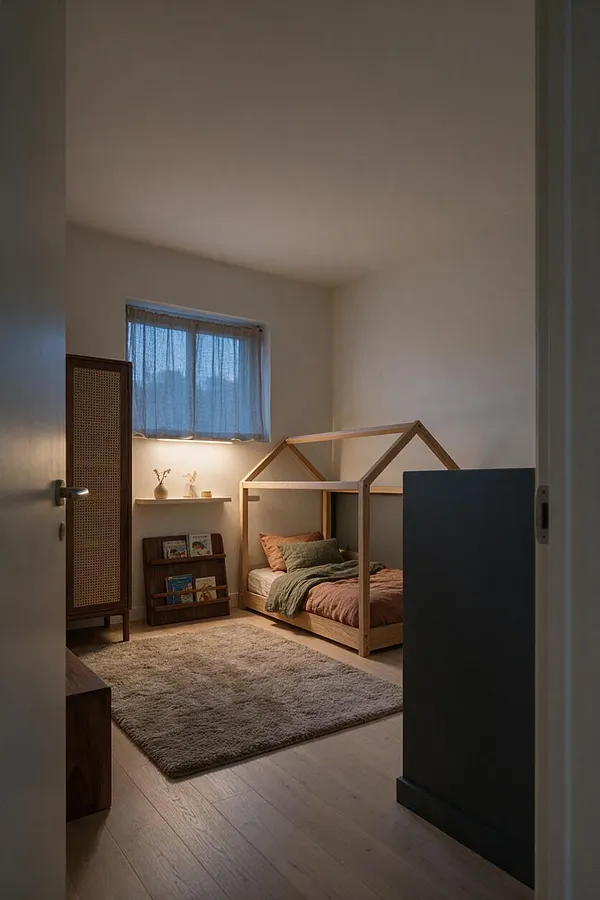 A calm kids’ room with a light wood house-style bed placed against a soft beige wall, layered with muted bedding in earthy tones. A small bookshelf, cane-front cabinet, sheer blue curtains, and a textured rug complete the minimalist Japandi space.