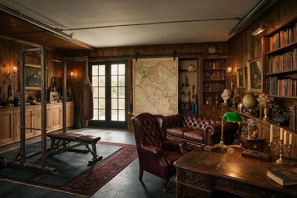A dramatic home gym styled like a dark academia study, with wood-paneled walls, a vintage weight bench and power rack on the left, and a burgundy leather chesterfield sofa with a carved wooden desk on the right. Bookshelves, framed art, a hanging punching bag, and warm wall sconces create a scholarly, atmospheric workout space.
