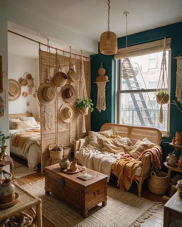 A cozy studio apartment styled in bohemian decor with a rattan loveseat, layered neutral textiles, woven wall hangings, hanging plants, and straw hats used as art. Deep teal walls frame a bright window, while a carved wooden trunk coffee table and natural fiber rugs add warmth and texture.