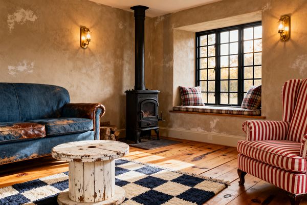 A cozy farmhouse living room with rough beige plaster walls, a black cast-iron wood stove on a dark stone hearth, and a black mullioned window featuring a window seat with a plaid cushion and pillows. Furnishings include a denim-and-distressed-leather sofa, a red-and-cream striped wingback chair, a weathered spool coffee table, a navy-and-cream check rug, wide-plank pine floors, stacked firewood, and warm brass caged sconces.