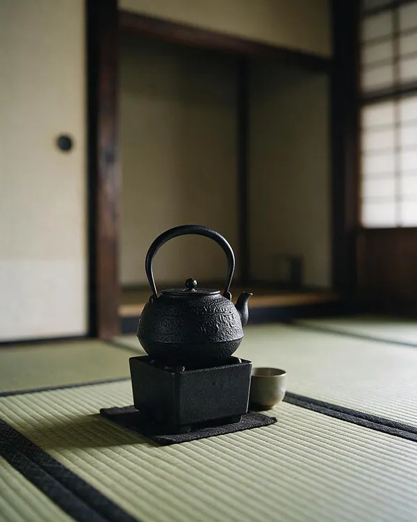 A small black cast iron teapot sits on a square stand atop woven tatami mats in a traditional Japanese room. Soft daylight filters through shoji-style windows, creating a calm, minimalist Zen atmosphere.