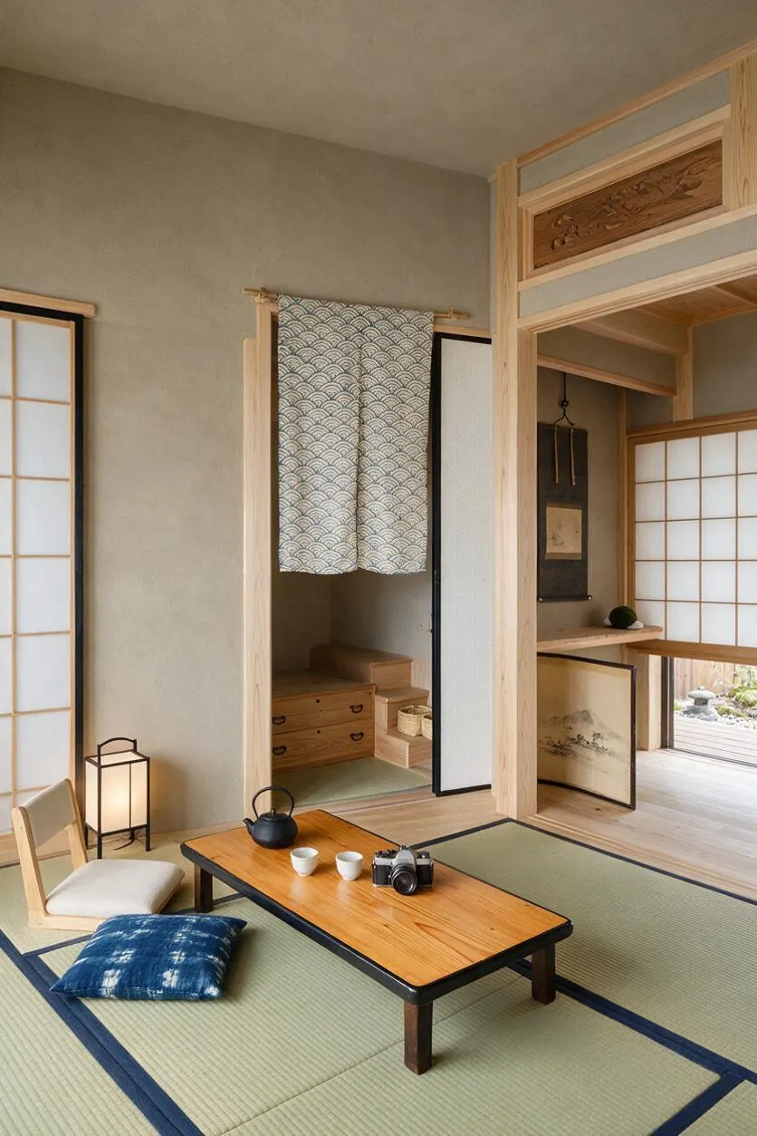 A serene Japanese Zen-inspired nursery with tatami mat flooring, a low wooden table, shoji screen windows, and natural wood trim. The room includes a small tea setup, floor chair, lantern-style light, and a recessed alcove with woven curtain and storage, creating a calm, minimalist atmosphere.