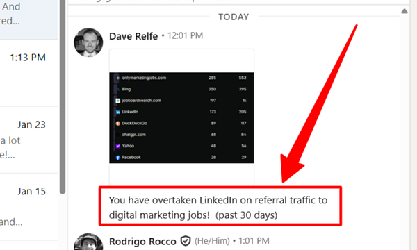 Screenshot of a testimonial email praising a job board search service, displayed in an email client interface.