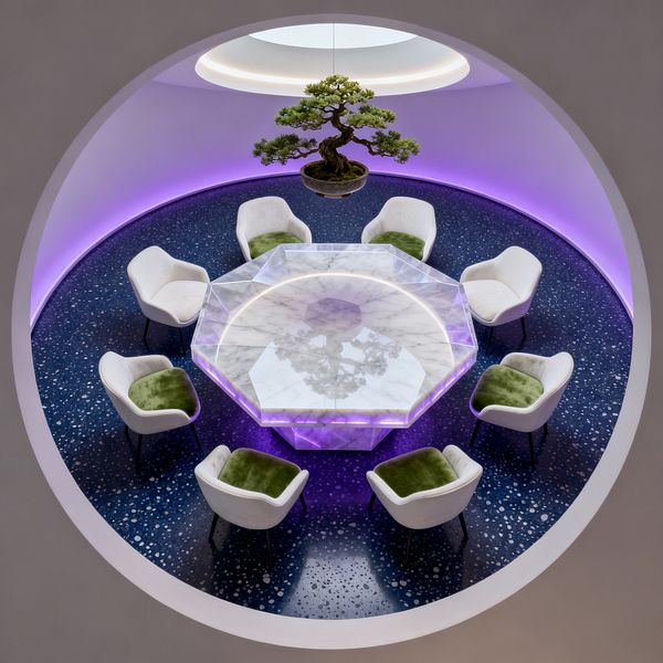 Top-down view of a circular dining niche with a glowing violet perimeter, featuring an octagonal marble table encased in a transparent, faceted acrylic rim. Eight white upholstered chairs with moss-green velvet cushions sit on deep navy terrazzo flooring, while a small bonsai tree hangs from a circular ceiling oculus above, centered over the table; black metal chair legs, curved white walls, and concealed LED lighting create a clean, futuristic atmosphere.