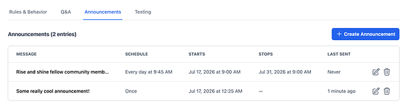 A visual schedule layout for ship announcements with time slots and columns labeled by roles or topics.