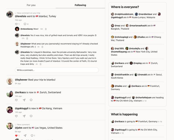 A screenshot of a timeline layout displaying user activities in a chat application.