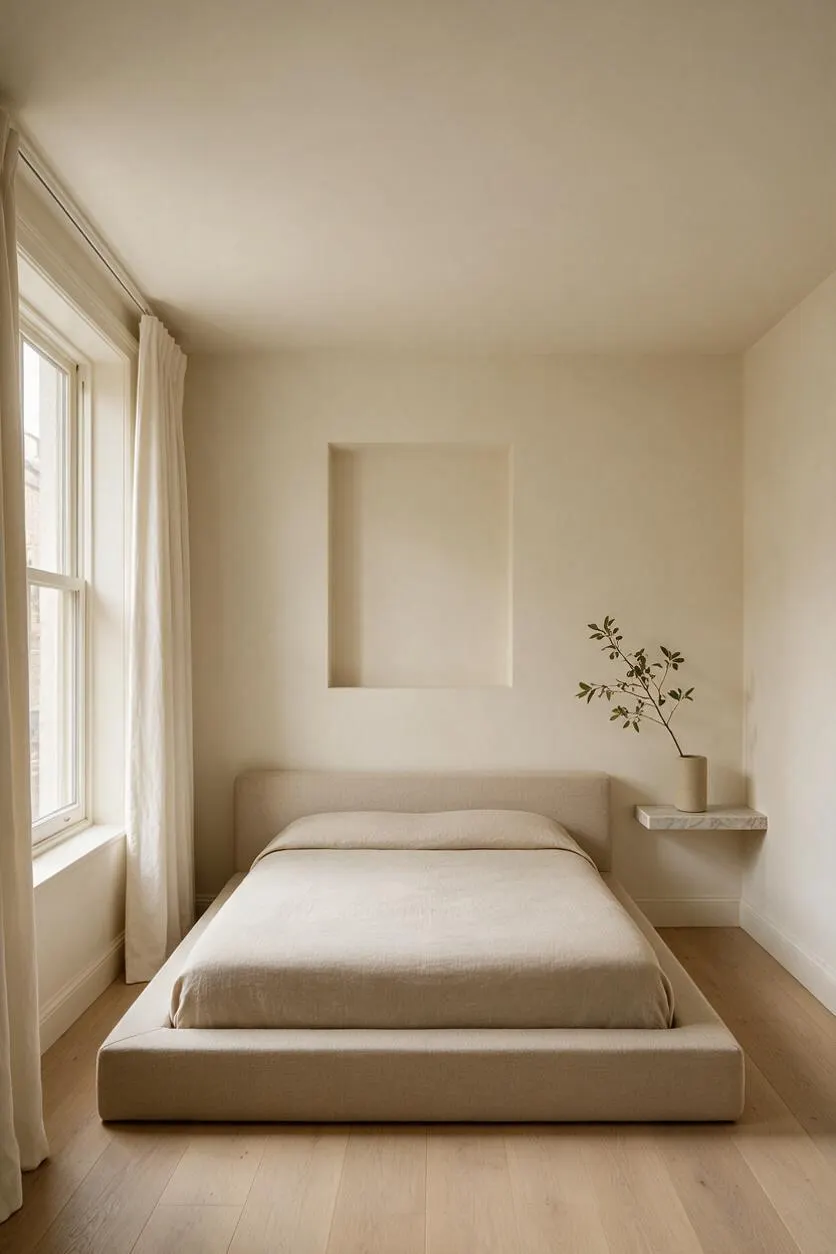 A minimalist master bedroom with a low upholstered platform bed in soft beige, placed against a plain cream wall with a recessed niche above the headboard. Natural light enters through a large window on the left with sheer curtains, and a small floating shelf on the right holds a simple vase with a branch, creating a calm, uncluttered atmosphere.