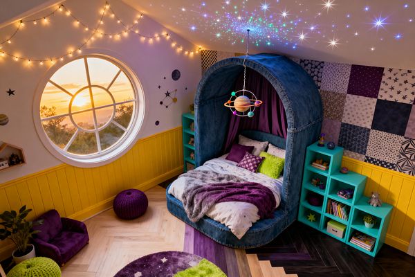 A vibrant kids’ bedroom features a large round window trimmed with string lights, yellow wainscoting, and a wall of purple patchwork prints. A denim-upholstered canopy bed with plum drapery sits beneath a glowing star ceiling and a colorful planet mobile. Teal step-style cube shelves hold books and toys. A purple knit pouf, a small velvet armchair, and layered rugs rest on a herringbone wood floor with dark and purple inlays, creating a playful, maximalist space.