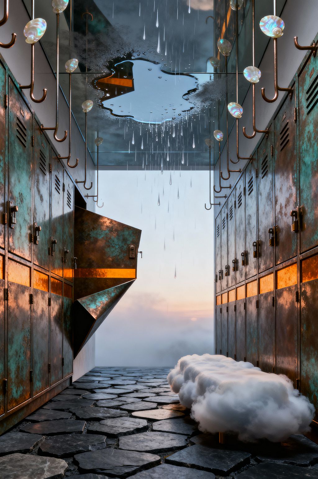 A surreal mudroom features two rows of patinated copper lockers lit by a warm amber strip and a floor of irregular charcoal slate flagstones. A cloud-shaped bench on slim brass legs sits beneath a mirrored ceiling with a puddle-like opening and suspended glass raindrops, while copper hooks tipped with iridescent beads line the walls and a misty sunset beyond creates a dreamlike atmosphere.