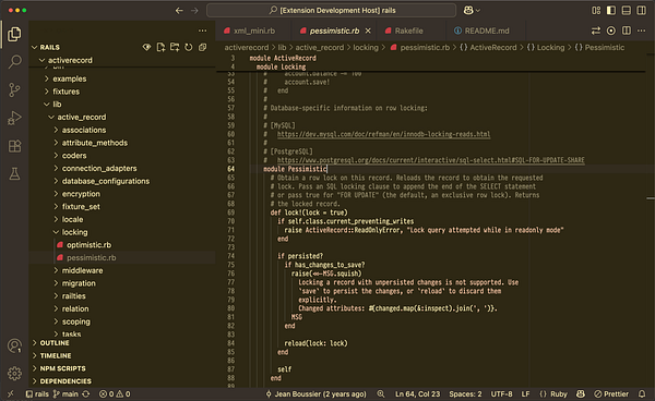The image displays a code editor interface showing Ruby code within a Rails project.