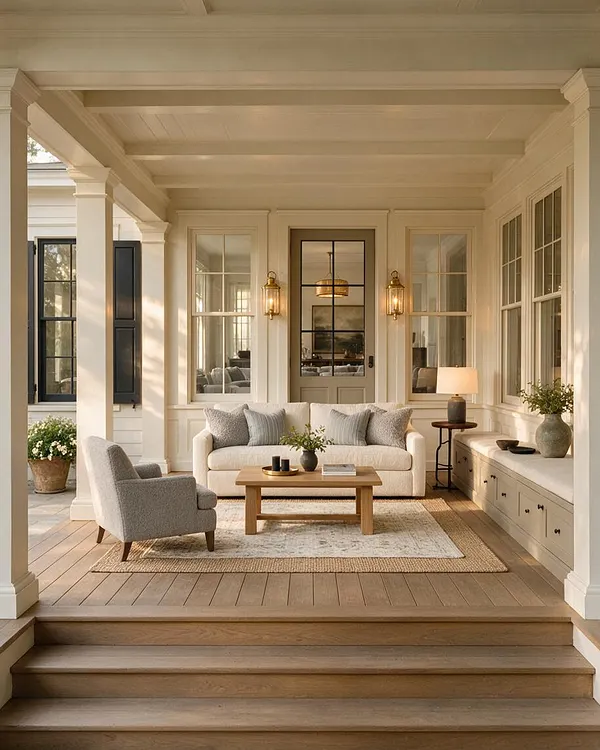 A warm transitional front porch featuring a cream upholstered sofa, a gray accent chair, and a light wood coffee table centered on layered neutral rugs. White columns, paneled walls, black-trimmed windows, brass lantern sconces, and built-in bench seating create a polished, inviting outdoor living space.