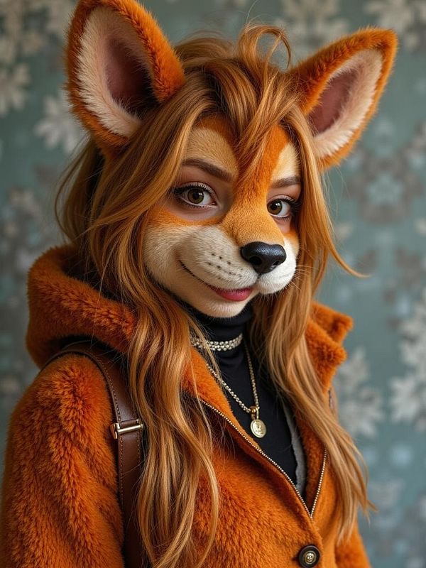 A person wearing a detailed fox mask and an orange fur coat poses against a floral background.