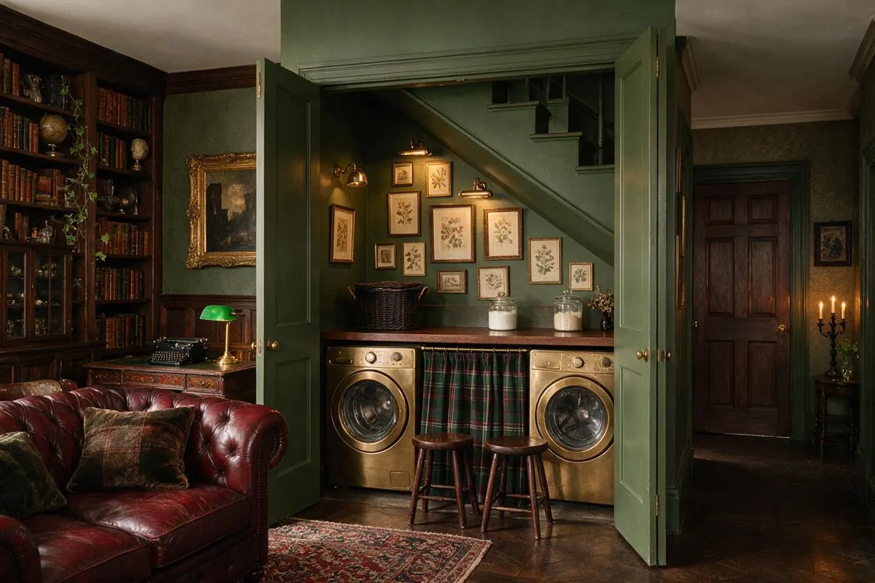 A moody laundry room hidden behind open olive-green double doors, featuring two brass-front washer units beneath a stair. The space includes framed botanical art, a dark wood counter, plaid curtain panel, woven basket, and two wooden stools, all set against deep green walls and warm ambient lighting.