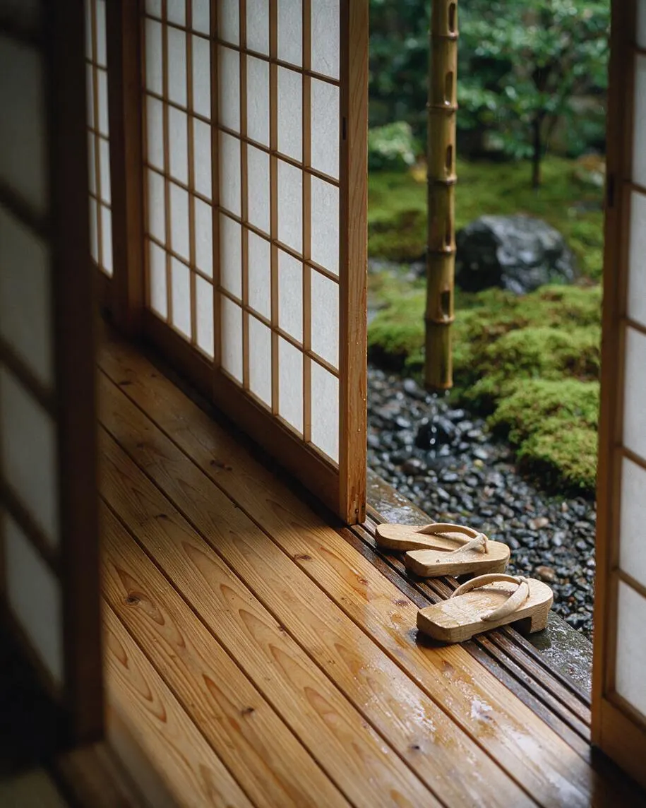 A serene Japanese Zen-style exterior entry with sliding shoji screens, a warm wooden floor, and a pair of wooden geta sandals placed near the threshold. Outside, a mossy garden with bamboo and dark stones appears softly blurred in the rain.