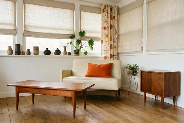 A bright sunroom with large windows covered by natural woven shades and a patterned curtain, centered around a cream upholstered chair with an orange pillow. A low walnut coffee table, matching wood cabinet, small plant stands, and pottery along the windowsill add warm mid-century modern character.