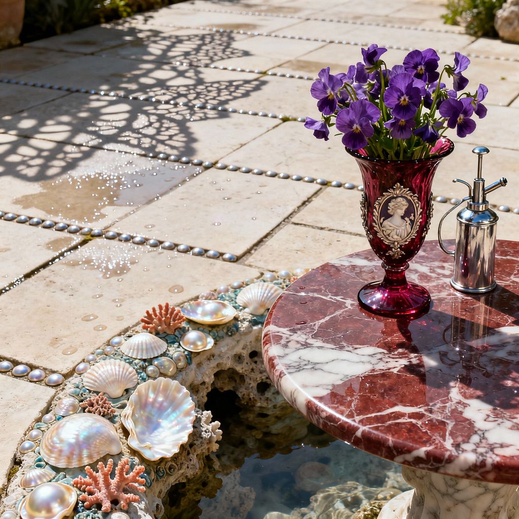 A close view of a Victorian-style patio with cream limestone pavers lined by bead-like insets and dotted with water droplets, patterned by lacy shadows. In the foreground, a round red-and-white marble table holds a ruby glass vase with a cameo medallion filled with purple pansies beside a silver plant mister, next to a shell-encrusted fountain rim decorated with mother-of-pearl, coral pieces, and pearls around a shallow pool.