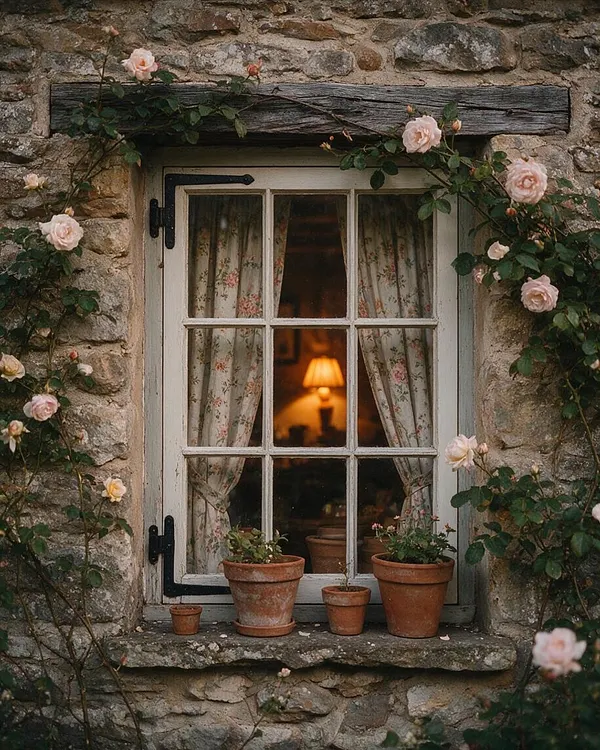 A rustic stone cottage exterior with a small white-paned window framed by climbing pink roses. Floral curtains hang inside, and several terracotta pots sit on the stone sill, with a warm lamp glowing in the softly lit interior.