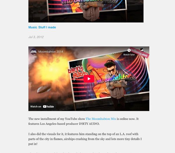 A blog post featuring a YouTube video about the Moombahton Mix with a colorful graphic background.