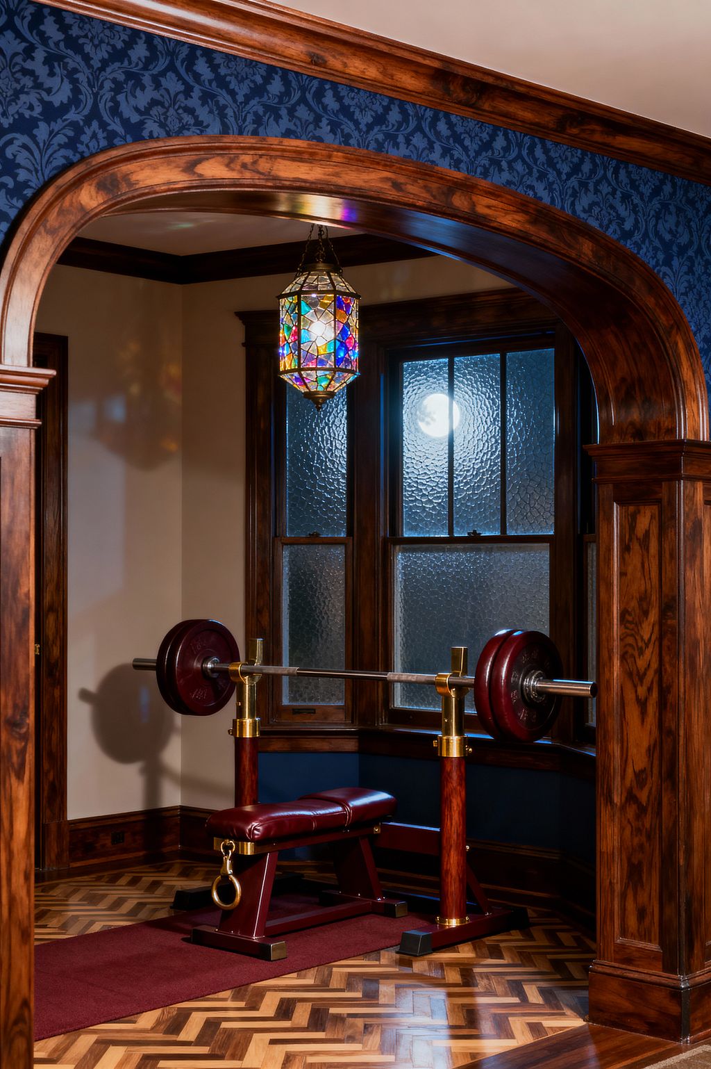 A compact home gym sits in a Victorian alcove with a burgundy leather bench press featuring brass accents, turned wood uprights, and red weight plates on a steel bar. The space is wrapped in richly grained woodwork with an arched opening, a navy damask frieze, and deep blue wainscot. Frosted textured windows back the setup, while a multicolored stained-glass pendant casts warm light over a herringbone parquet floor and a maroon runner.