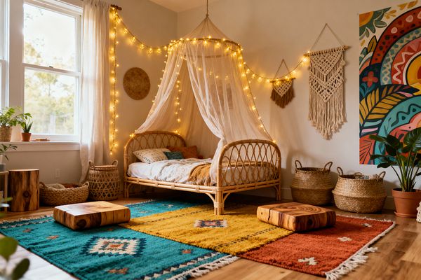 A bright kids’ room with a rattan daybed draped in a sheer canopy and warm fairy lights, set against soft white walls and a large window with linen curtains. A colorful rug in teal, mustard, and rust fills the floor alongside chunky live-edge wood stools, woven seagrass baskets, macramé wall hangings, a vibrant folk-art mural, potted plants in terracotta, and warm wood flooring.
