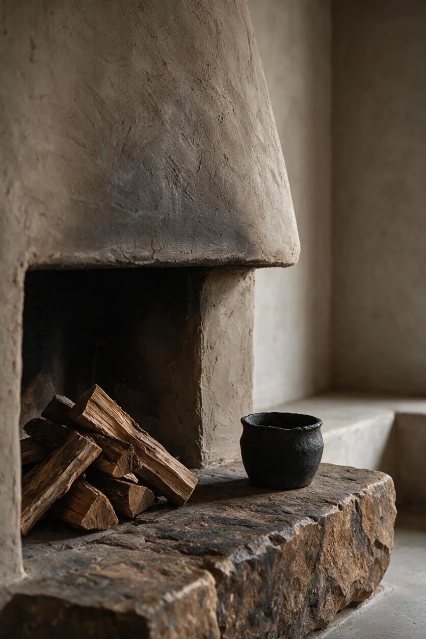 A Wabi-Sabi style fireplace vignette with a rough earthen plaster surround, stacked firewood inside the hearth, and a small matte black handmade vessel resting on a stone ledge. The space uses muted beige, brown, and charcoal tones with soft natural light highlighting the tactile surfaces.
