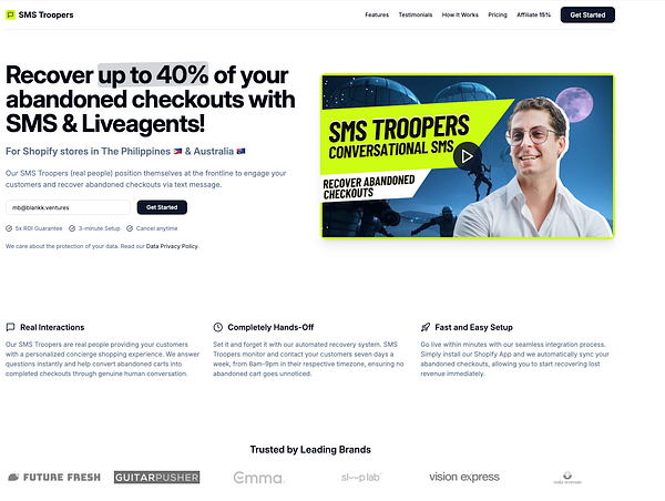 The image features a marketing page for SMS Troopers, highlighting their services for recovering abandoned checkouts.