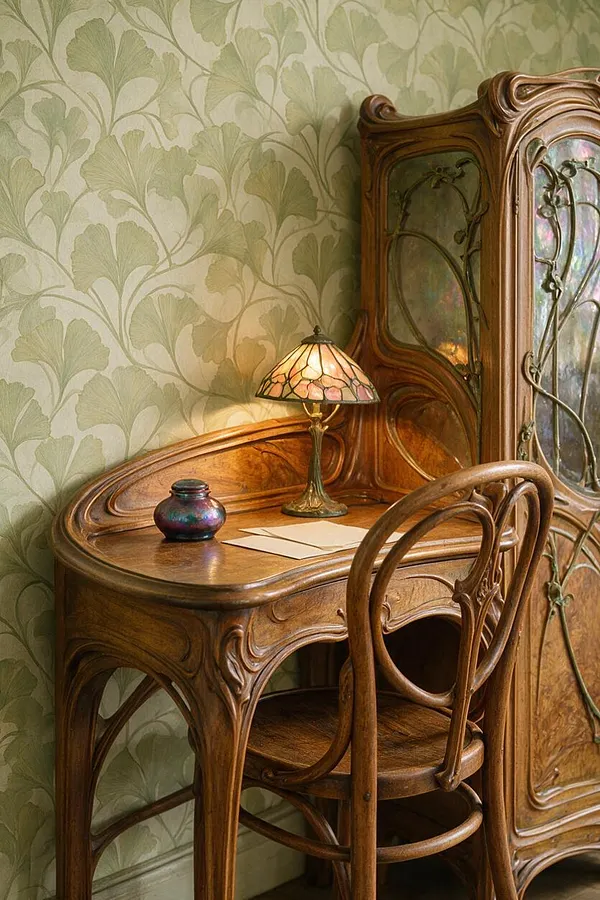 An Art Nouveau writing nook with a curved wooden desk, matching carved chair, and a tall cabinet featuring flowing vine-like details. A small stained-glass-style lamp casts warm light over papers on the desk, while pale green botanical wallpaper fills the background.