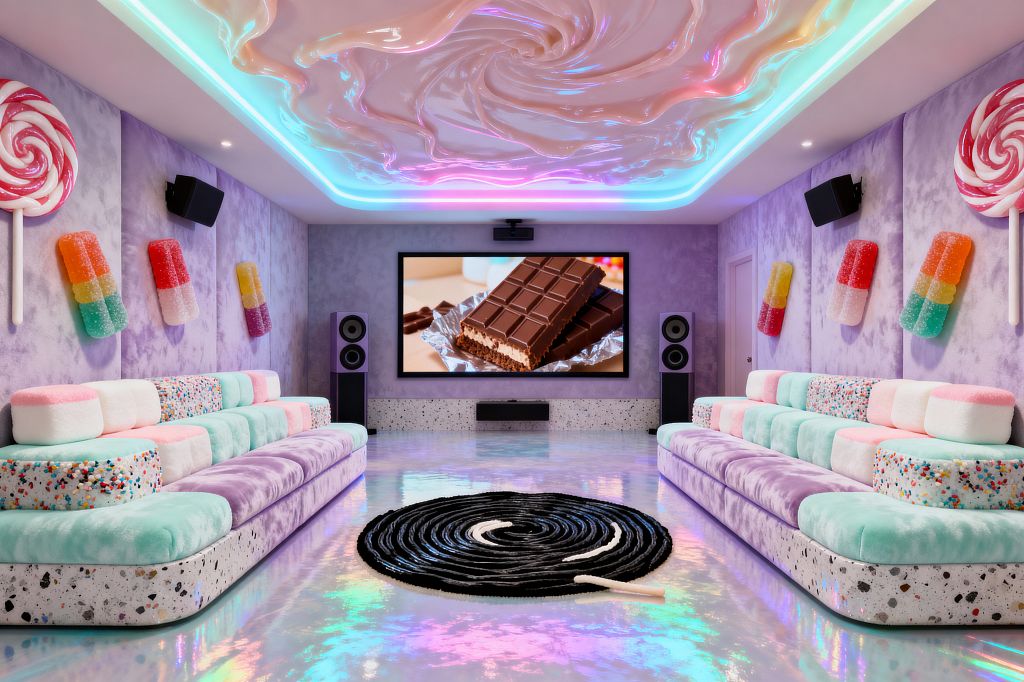 A whimsical media room features two mirrored pastel sofas with terrazzo bases and plush mint, pink, and white cushions facing a large screen with tower speakers, while lavender upholstered walls display oversized lollipop and popsicle sculptures. A glossy swirled ceiling with color-changing LED cove lighting reflects onto an iridescent epoxy floor centered by a black spiral rug resembling licorice, creating a playful candy-inspired theater.