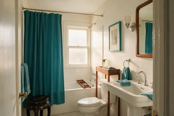 A small eclectic bathroom with teal shower curtains, a white tile tub surround, and a pedestal sink. A wood-framed mirror, wall sconces, framed art, and a small wooden side table add vintage character and layered texture.