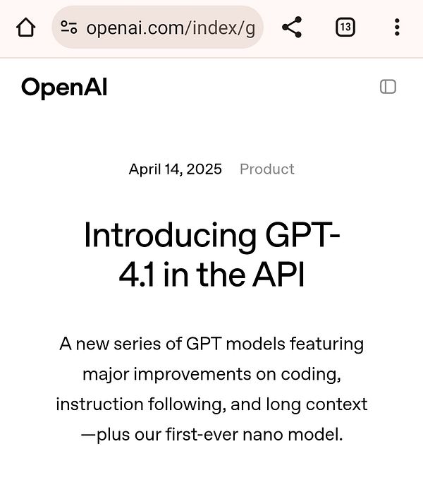The image displays a webpage announcing the release of GPT-4.1 by OpenAI.