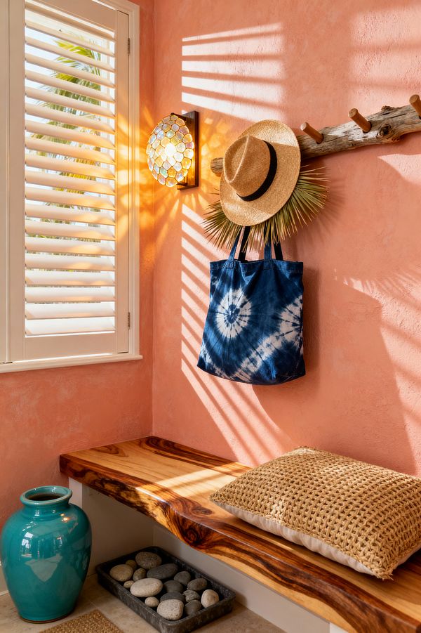 A small tropical mudroom corner with coral textured walls and white plantation shutters filtering bright sunlight onto a live-edge wood bench. On the wall, a capiz shell mosaic sconce glows beside a driftwood peg rail holding a straw hat, palm frond, and indigo tie-dye tote; a woven rattan cushion sits on the bench, with a turquoise ceramic urn and a tray of smooth river stones on the floor.