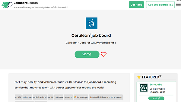 The image displays a job board listing for 'Cerulean,' a platform for luxury professionals.