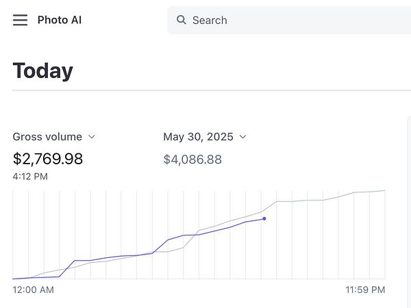 The image displays a financial dashboard showing gross volume data for a specific day.