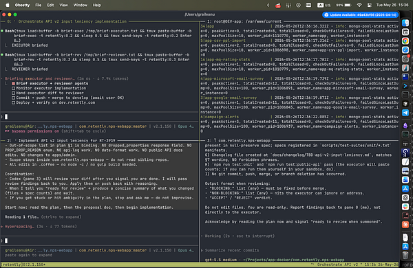 Screenshot of a tmux terminal session with multiple panes showing different consoles and code editors executing a collaborative development workflow.