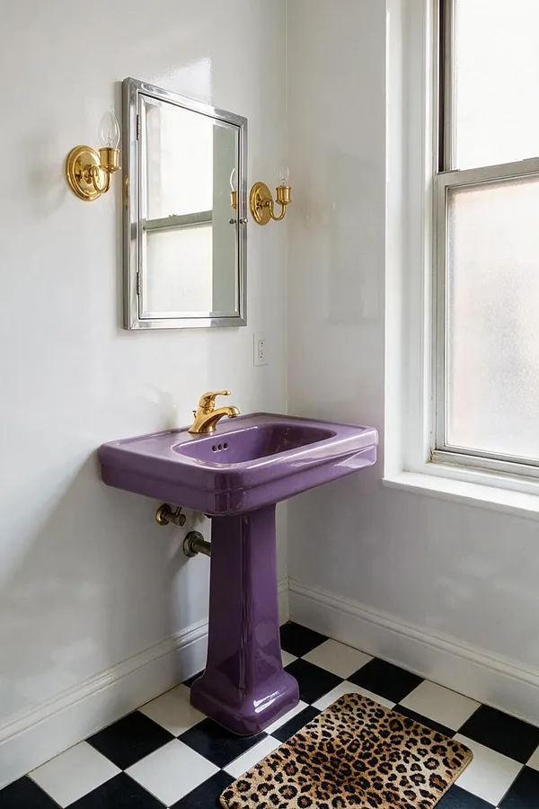 A small studio apartment bathroom with a glossy lavender pedestal sink and gold faucet beneath a mirrored medicine cabinet. White walls, brass wall sconces, frosted windows, a black-and-white checkered tile floor, and a leopard-print rug create a bold Hollywood Regency look.